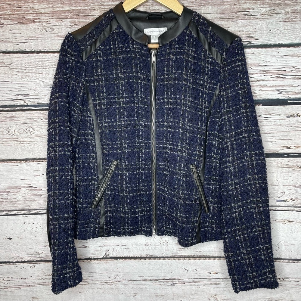 🏷️NWT‎ Christopher & Banks Nubby Tweed Bomber Jacket Medium Faux Leather Panels